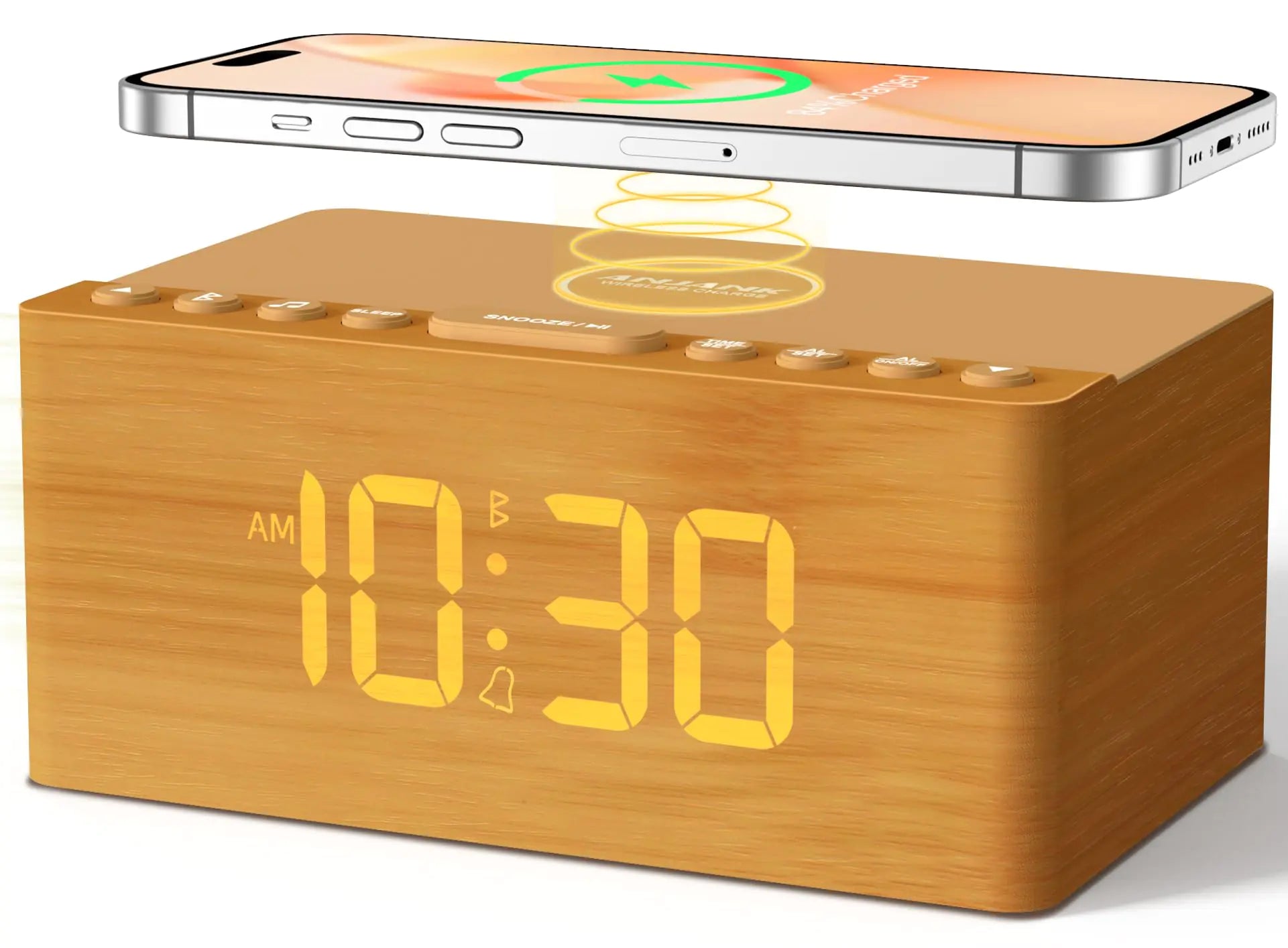 ANJANK Wooden White Noise Sound Machine with Alarm Clock Bluetooth Speaker Wireless Charger Station